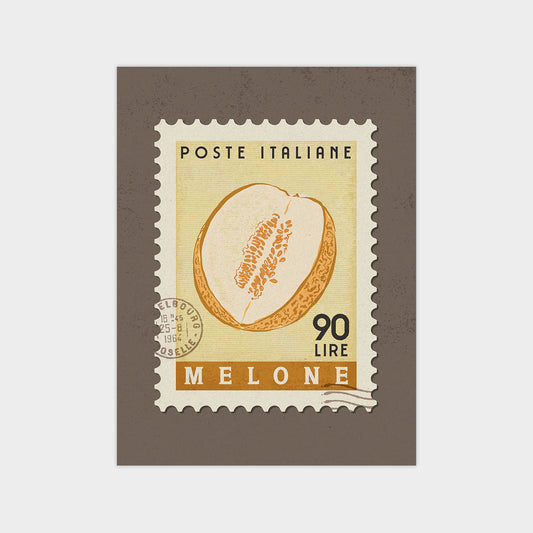 The image is a postage stamp featuring an illustration of a melon, with the text "POSTE ITALIANE" and "90 LIRRE" printed on it.