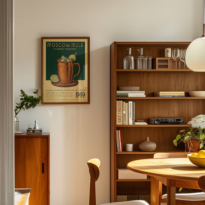 a cozy living room with a wooden bookshelf, a framed poster of a Moscow Mule cocktail, and a wooden cabinet. The room has a warm and inviting atmosphere, with a dining table and chairs in the foreground.