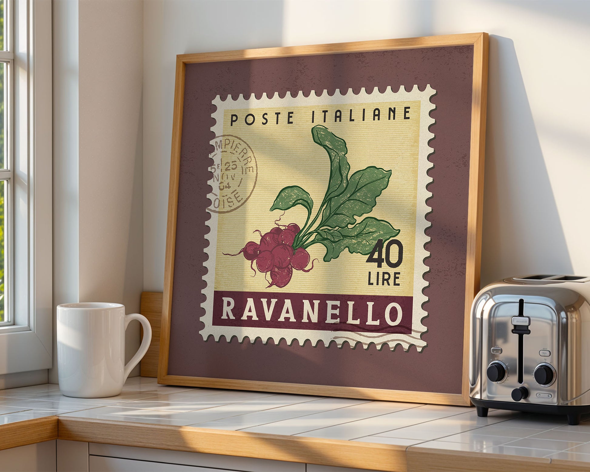 a picture of a coffee mug and a toaster on a counter