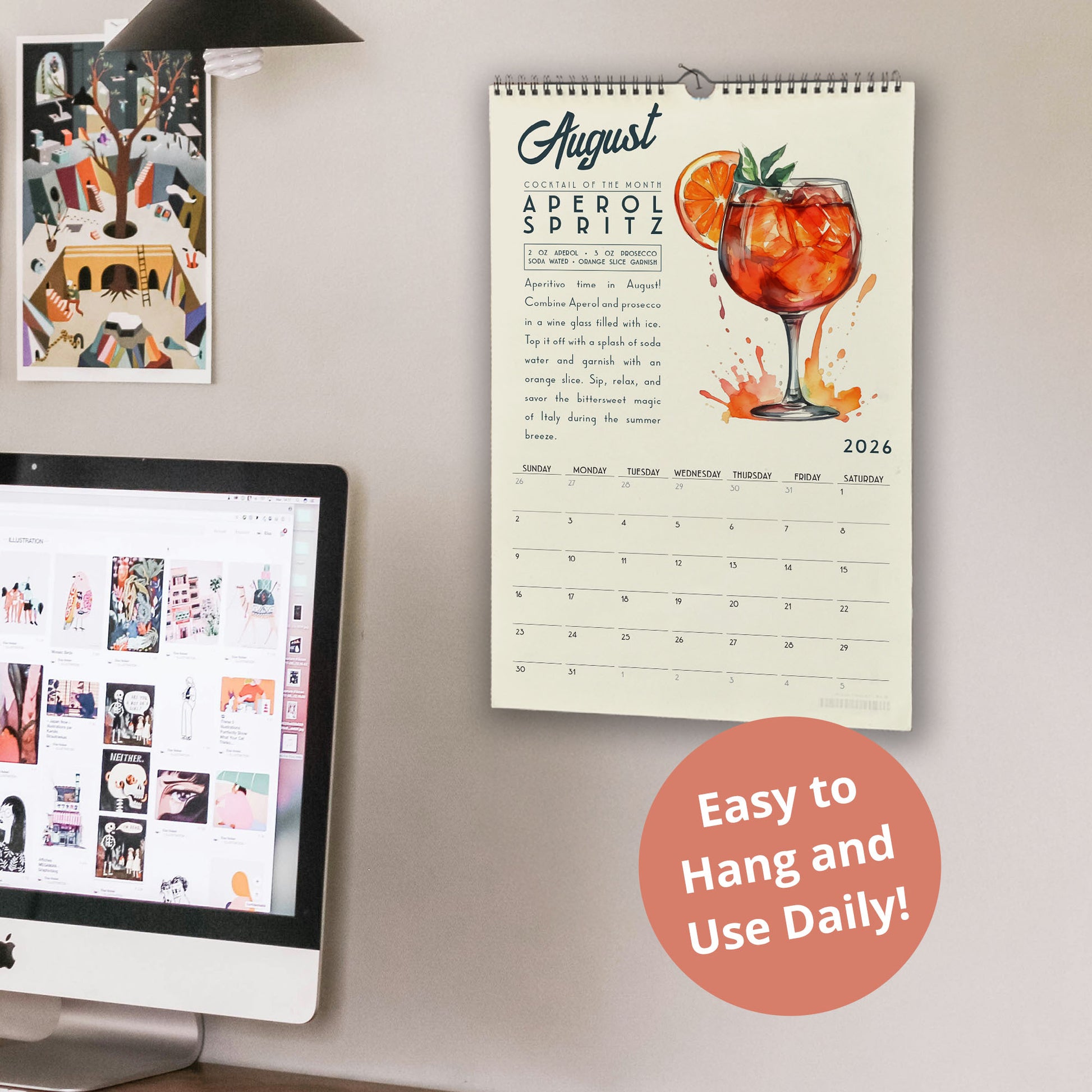 a wall with a calendar for August, a computer monitor displaying a webpage, and a bulletin board with various items. The calendar includes a recipe for "Adeolol Spritz" and a list of days and times. The computer monitor shows a webpage with various images and text. The bulletin board has a message that reads "Easy to Hang and Use Daily!"