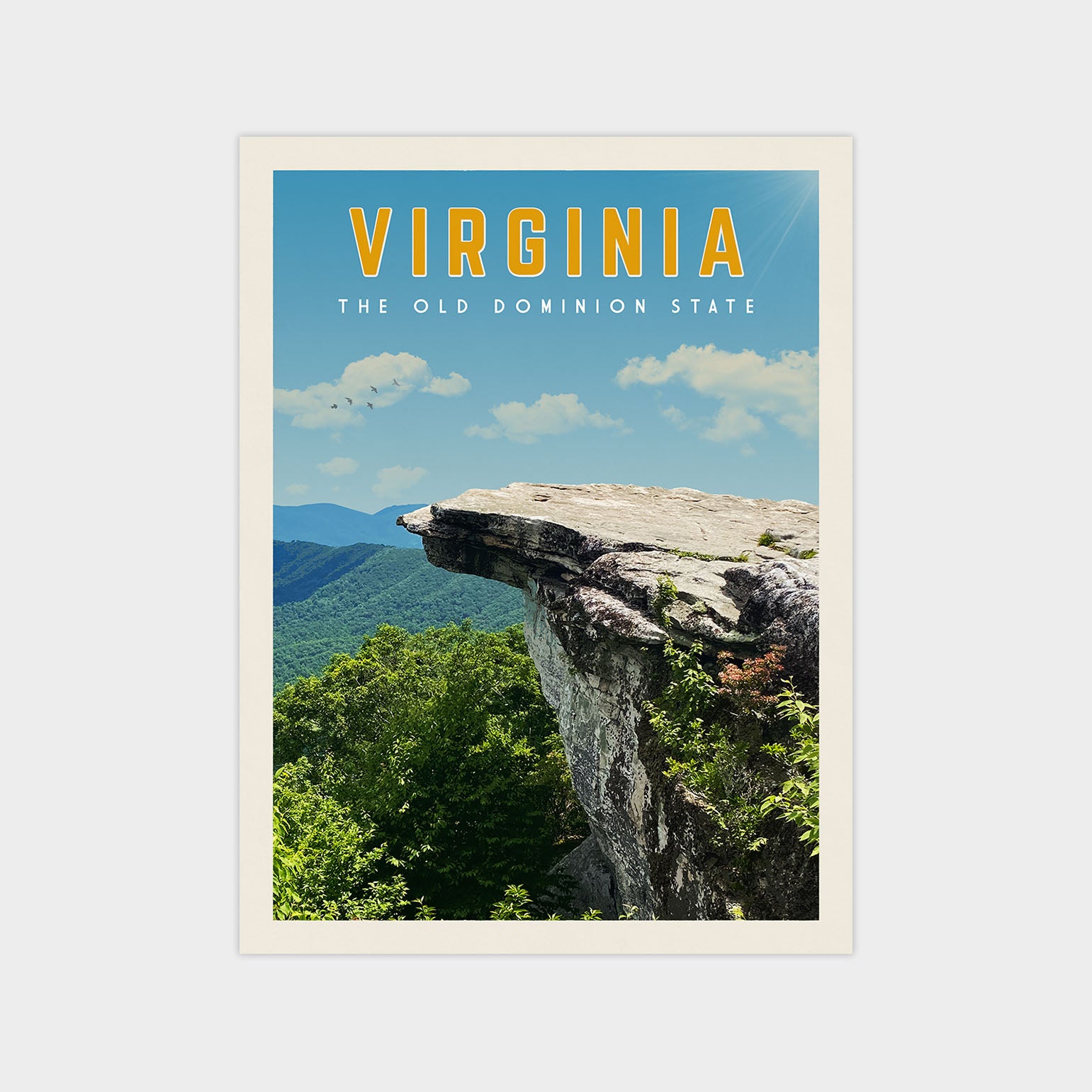 The image is a poster for Virginia, featuring a scenic view of a rocky cliff with lush greenery and a clear blue sky.