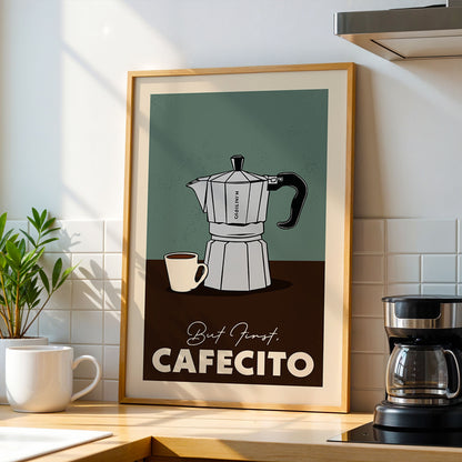 A framed poster with an illustration of a coffee maker and a cup of coffee on a kitchen counter, accompanied by the text "Best first café cifico".