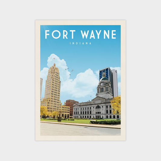 a cityscape with a large building, a tall skyscraper, and a smaller building with a dome, all set against a blue sky with clouds.