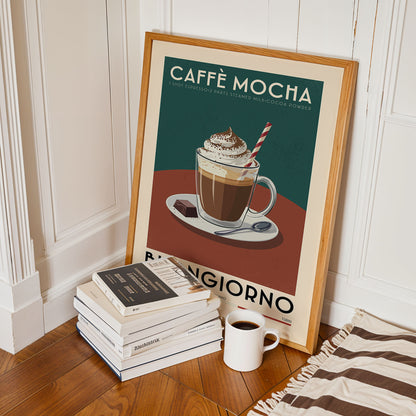 a framed poster of a mocha drink, along with a stack of books and a cup of coffee on a wooden floor.