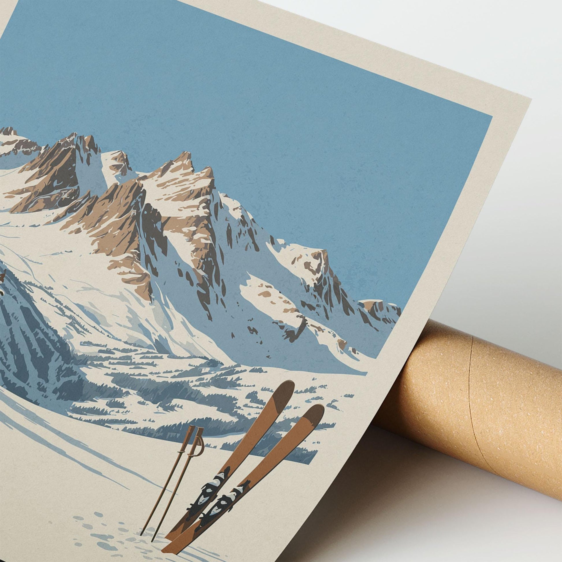 A vintage-style illustration of a snowy mountain landscape with skis and ski poles resting on the snow, set against a clear blue sky.