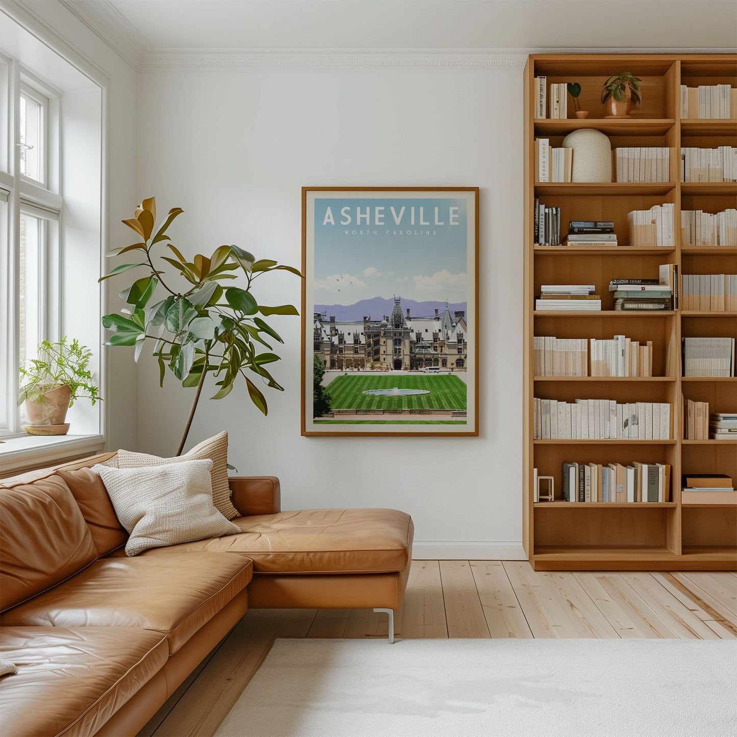 a cozy living room with a large window, a comfortable leather couch, a bookshelf filled with books, and a framed poster of a cityscape hanging on the wall.