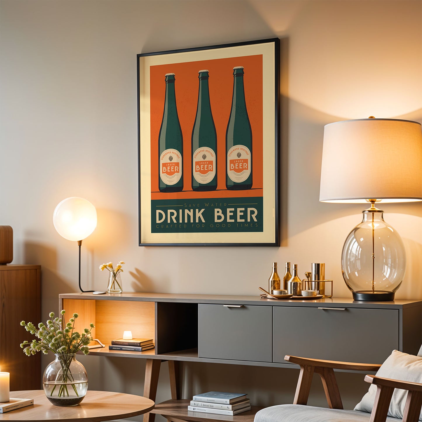a living room with a framed poster of three beer bottles on the wall, a lamp, a coffee table, and a bookshelf.
