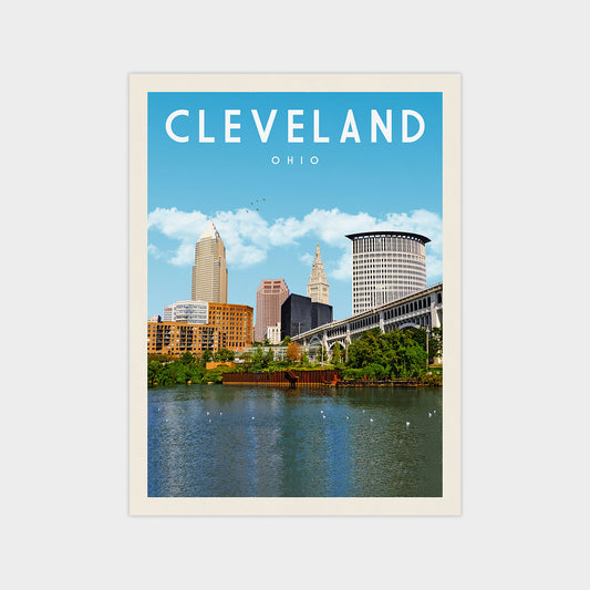 A poster of the Cleveland, Ohio skyline, featuring the city's iconic skyscrapers and landmarks, with a body of water in the foreground.