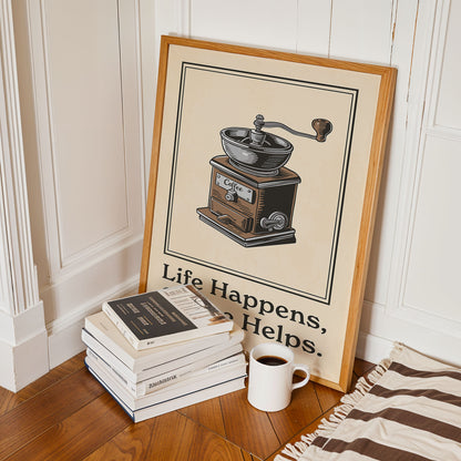 a framed poster with an illustration of a coffee grinder, a stack of books, and a cup of coffee on a wooden floor.