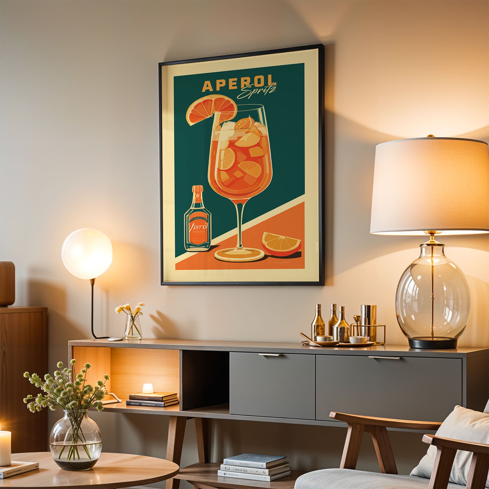 a living room with a framed poster of a cocktail on the wall, a lamp, a vase with flowers, and a bookshelf.