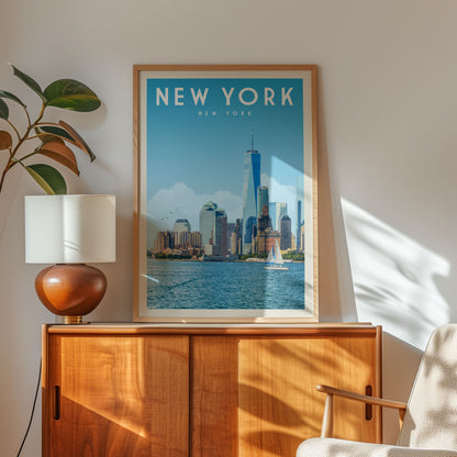 a framed poster of the New York City skyline, with a wooden cabinet and a lamp in the foreground.