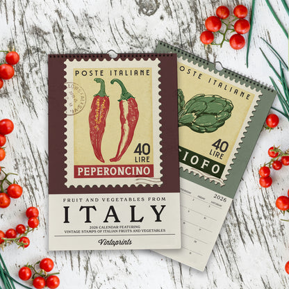 a calendar with a vintage design, featuring illustrations of peppers and tomatoes, and the text "POSTE ITALIANE" and "40 LIRE PEPERONCINO". The calendar is surrounded by fresh produce, including tomatoes and green herbs, creating a visually appealing and vibrant scene.