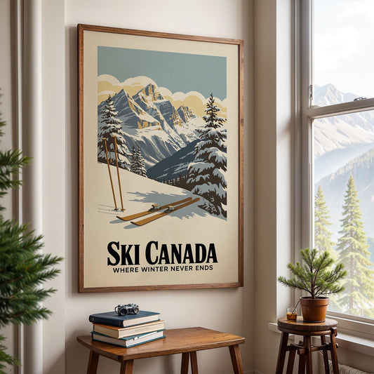 A framed vintage poster of a snowy mountain landscape with skis and ski poles, hanging on a wall in a room with a window and a small table with books and a plant.