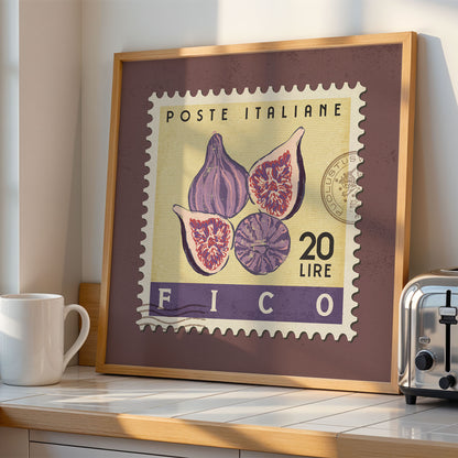 a framed Italian postage stamp with a design of purple figs and a toaster on a kitchen counter.