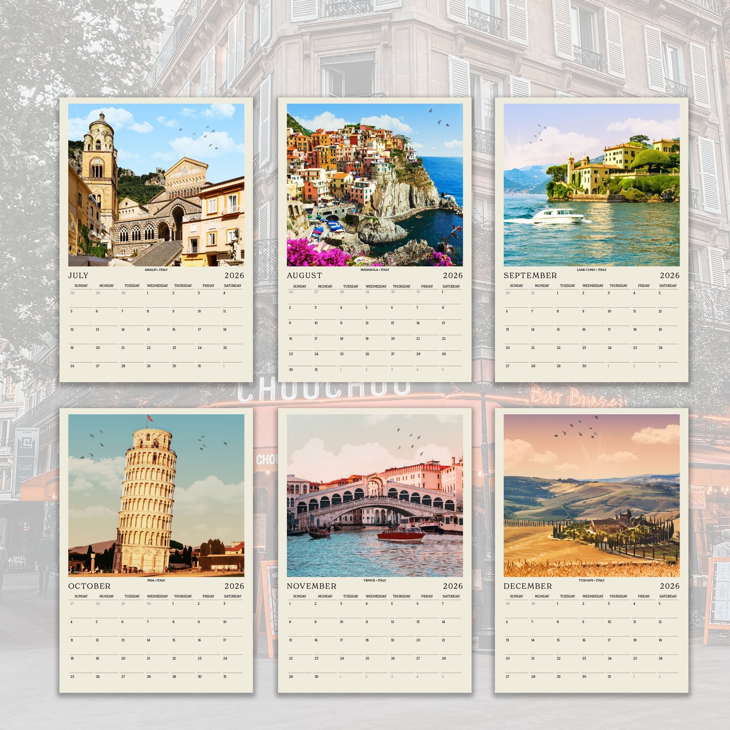 The image is a collage of six calendar pages featuring various pictures of iconic landmarks and landscapes in different cities around the world.