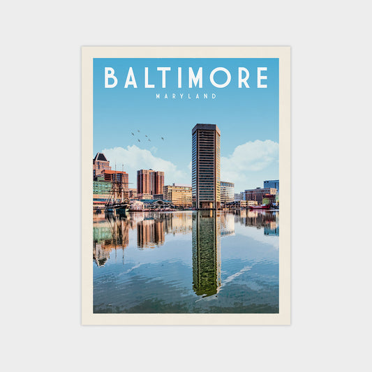 A poster of the Baltimore skyline, featuring the city's iconic skyline, including the Baltimore Tower, with the water in the foreground reflecting the cityscape.