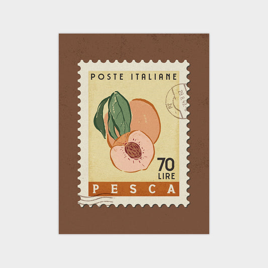 The image is a postage stamp featuring an illustration of a peach and leaves, with the text "POSTE ITALIANE 70 LIRE PESCA" printed on it.