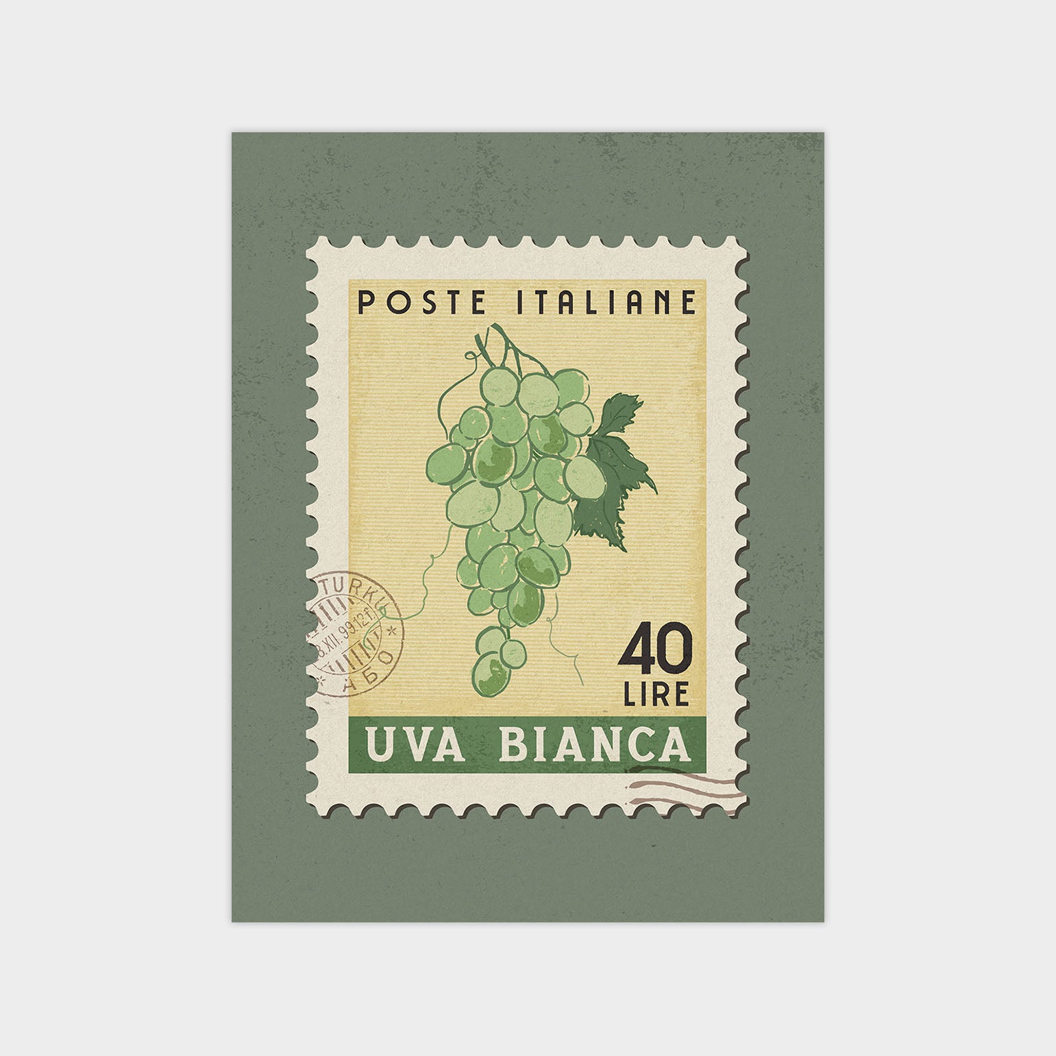 The image is a postage stamp from Italy, featuring a depiction of green grapes and a leaf.