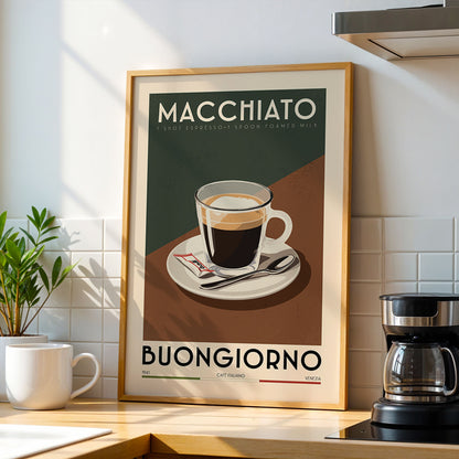 a framed poster of a cup of coffee with the text "MACCHIATO" and "BOUNGGIORNO" on it, along with a coffee cup and spoon on a saucer. The poster is displayed on a kitchen counter, with a coffee maker and a potted plant visible in the background.