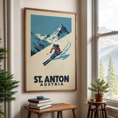 a framed poster of a skier on a mountain slope, with the text "St. Anton Austria" below the illustration.