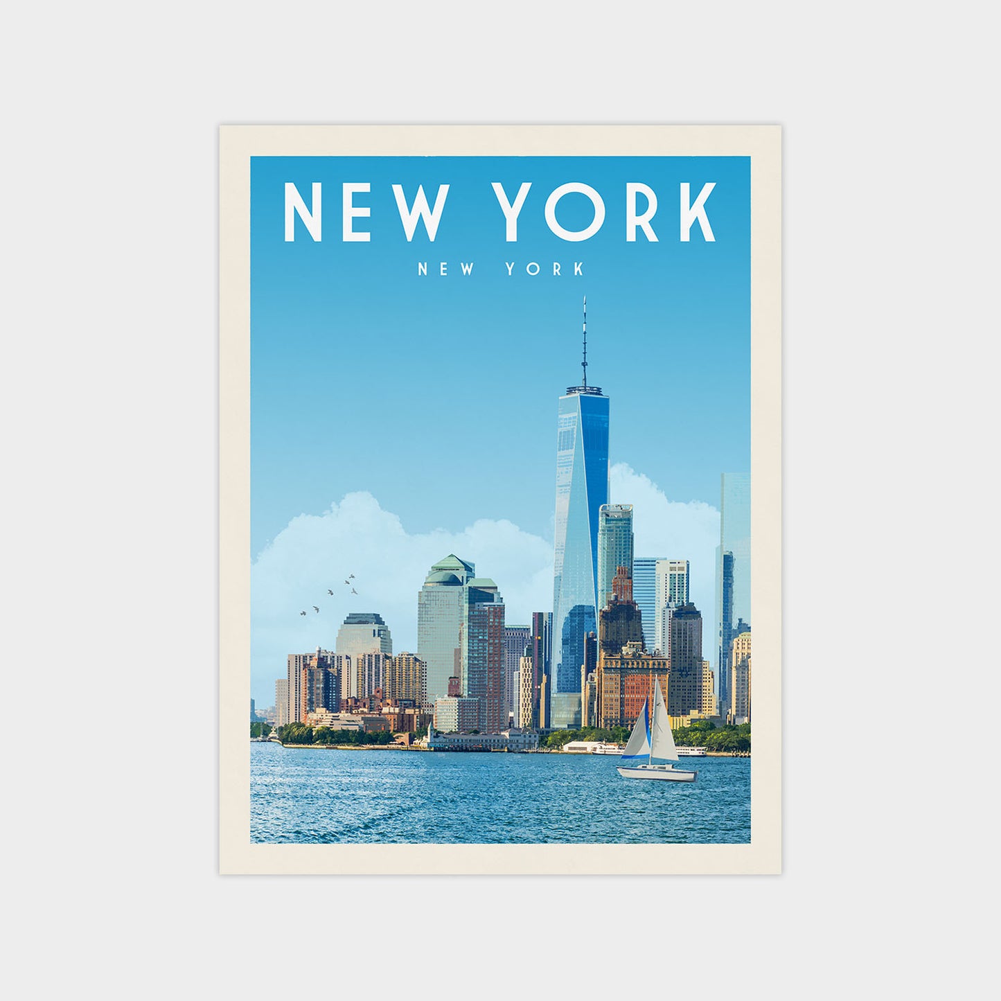 A poster of the New York City skyline, featuring the iconic One World Trade Center and the surrounding skyscrapers, with a sailboat on the water in the foreground.
