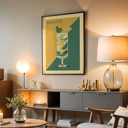 a living room with a framed poster of a mojito hanging on the wall, a wooden sideboard with a glass lamp, a wooden chair, and a small table with a vase of flowers.