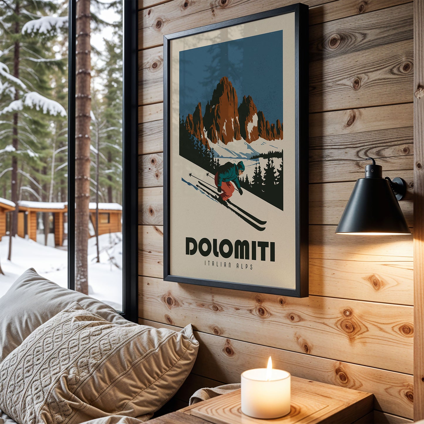 a cozy bedroom scene with a framed poster of a skier on the wall, a lit candle on a nightstand, and a view of a snowy forest through a window.