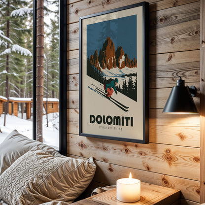 a cozy bedroom scene with a framed poster of a skier on the wall, a lit candle on a nightstand, and a view of a snowy forest through a window.