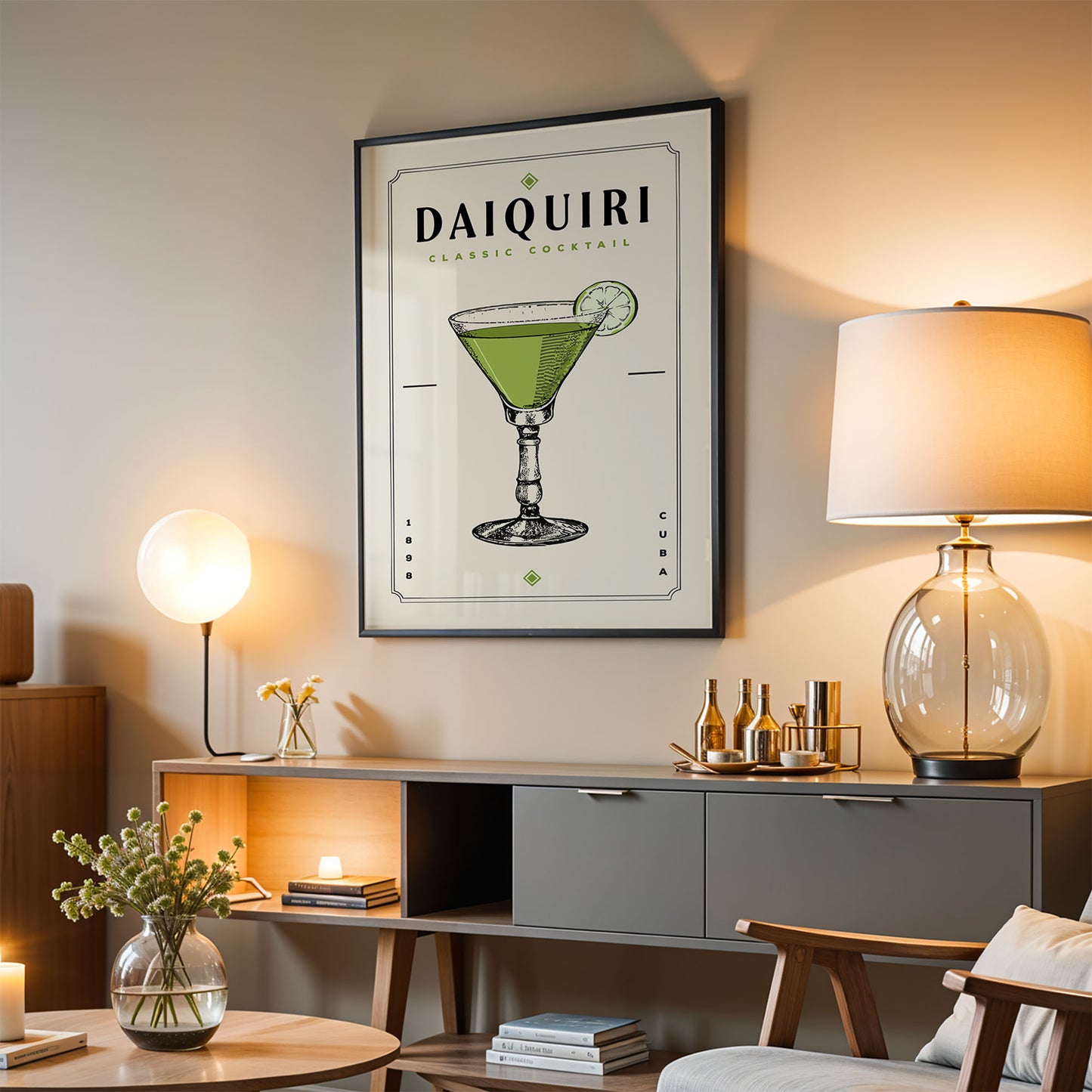 a living room with a framed poster of a classic Daiquiri cocktail hanging on the wall. The poster displays a green cocktail with a lime slice, and the text "DAIQUIRI CLASSIC COCKTAIL" is visible. The room also includes a lamp, a coffee table, and a bookshelf, creating a cozy and stylish atmosphere.