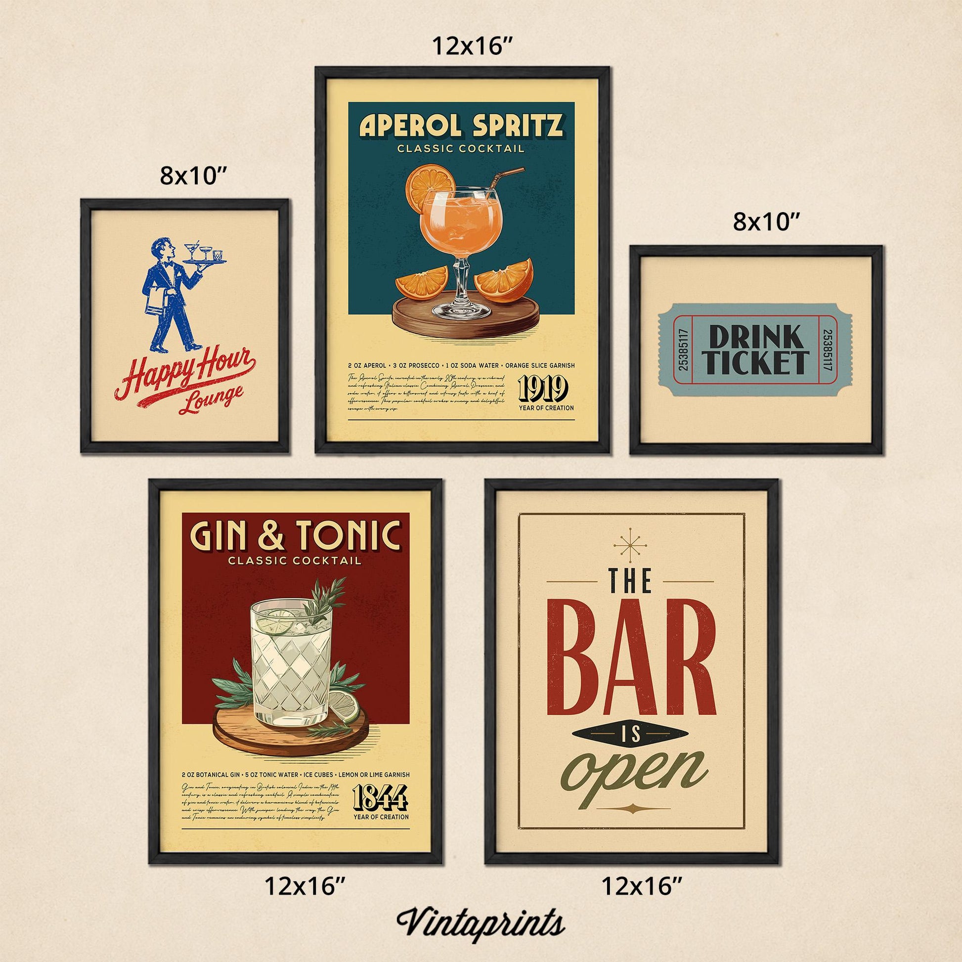 five framed vintage-style advertisements for bars and cocktails, including a poster for Aperol Spritz, a gin and tonic advertisement, a drink ticket advertisement, and a poster for The Bar is open.