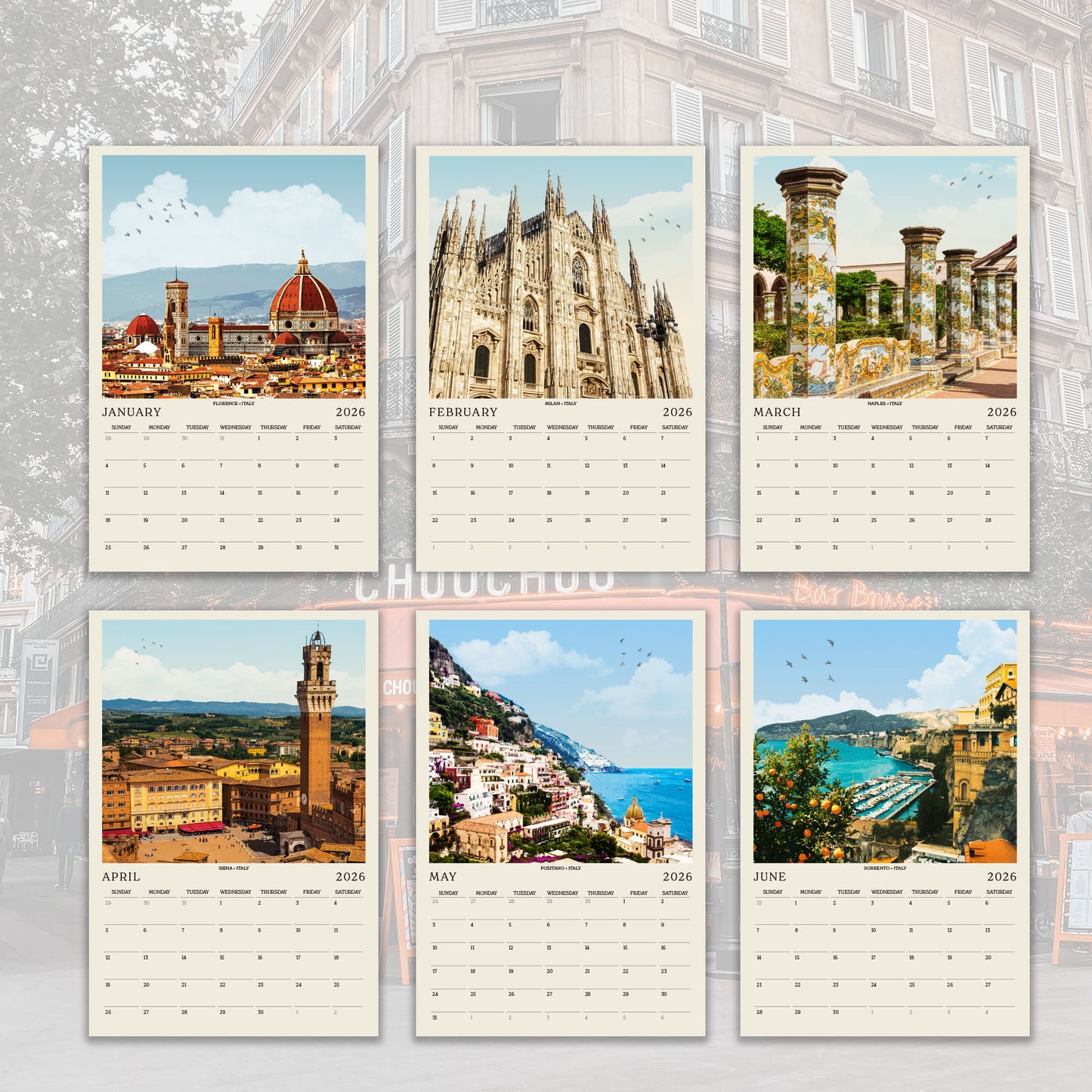 The image is a collection of six calendar pages featuring various pictures of famous landmarks and landscapes, including the Colosseum, the Eiffel Tower, and the Leaning Tower of Pisa.