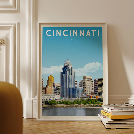A framed poster of the Cincinnati skyline in Ohio, featuring the city's iconic skyscrapers and landmarks.