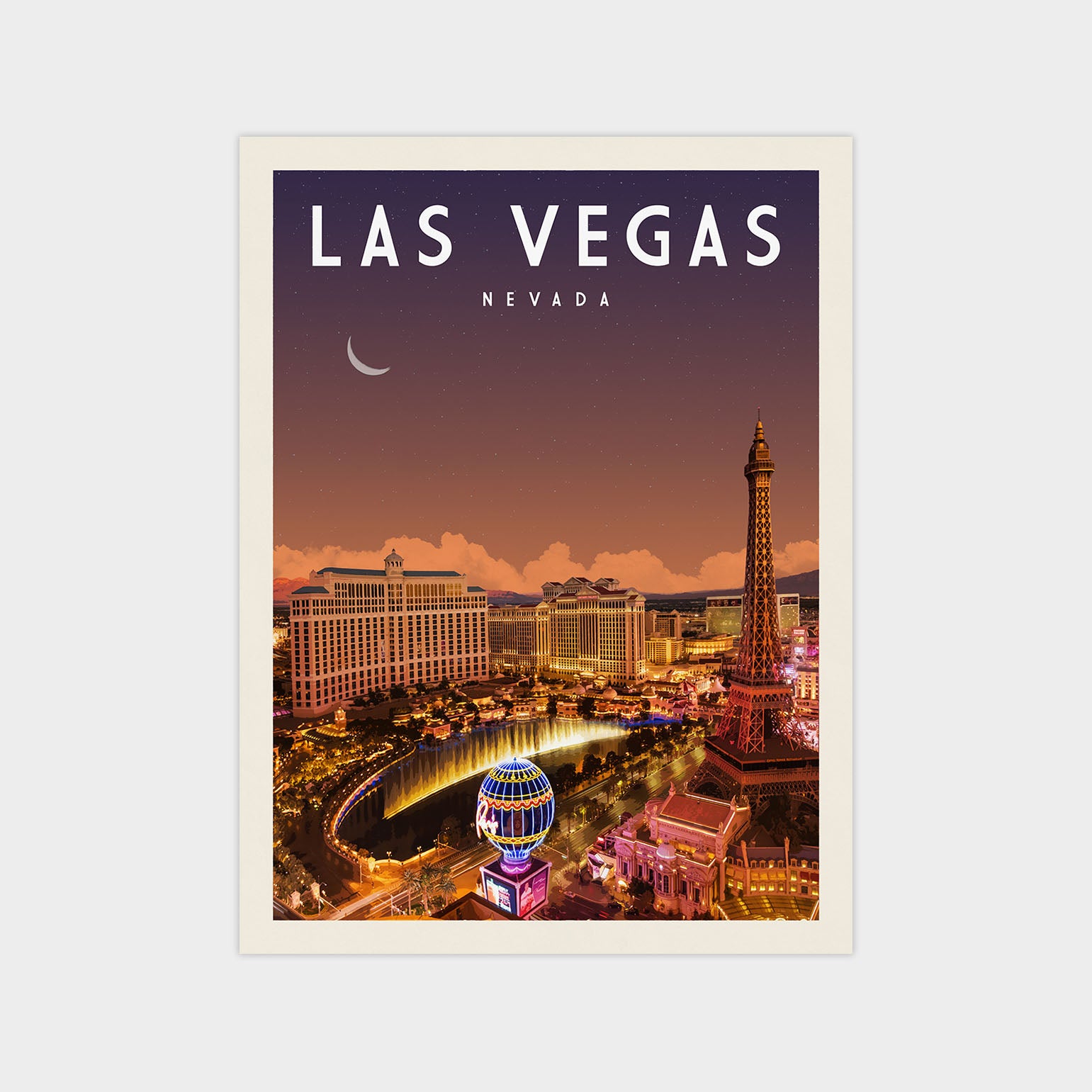 A poster of Las Vegas, Nevada, featuring the iconic hotels, neon lights, and a crescent moon in the night sky.