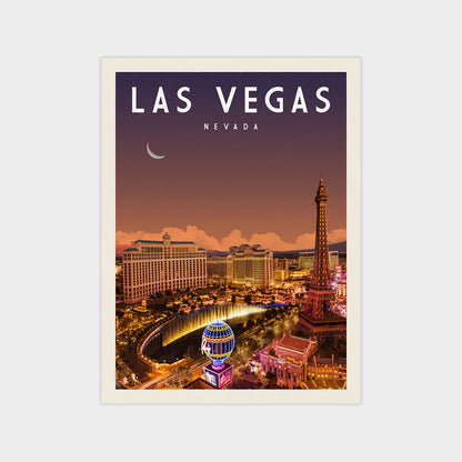 A poster of Las Vegas, Nevada, featuring the iconic hotels, neon lights, and a crescent moon in the night sky.