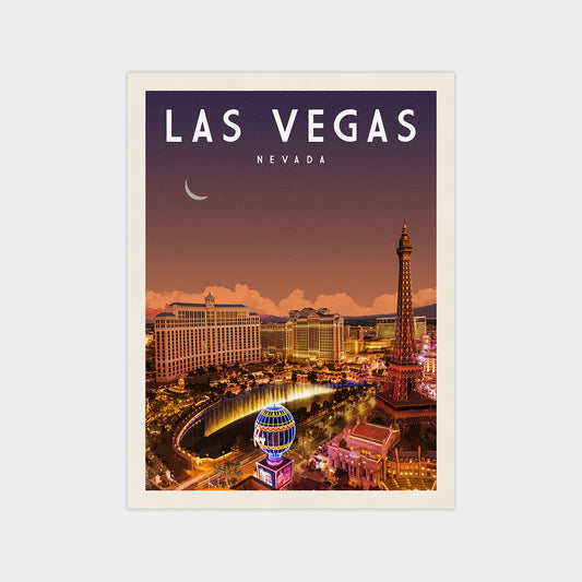 A poster of Las Vegas, Nevada, featuring the iconic hotels, neon lights, and a crescent moon in the night sky.