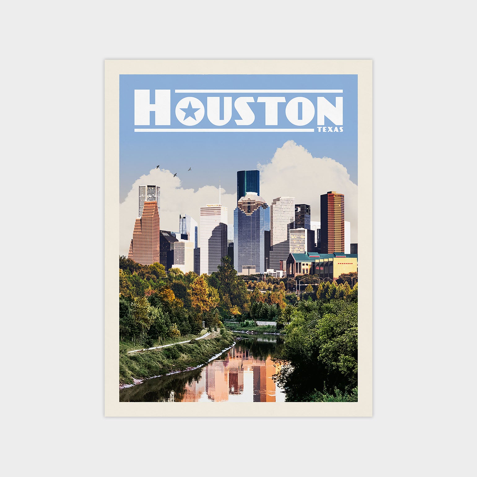 A poster of the Houston skyline, featuring the city's iconic skyscrapers and a river running through the center.