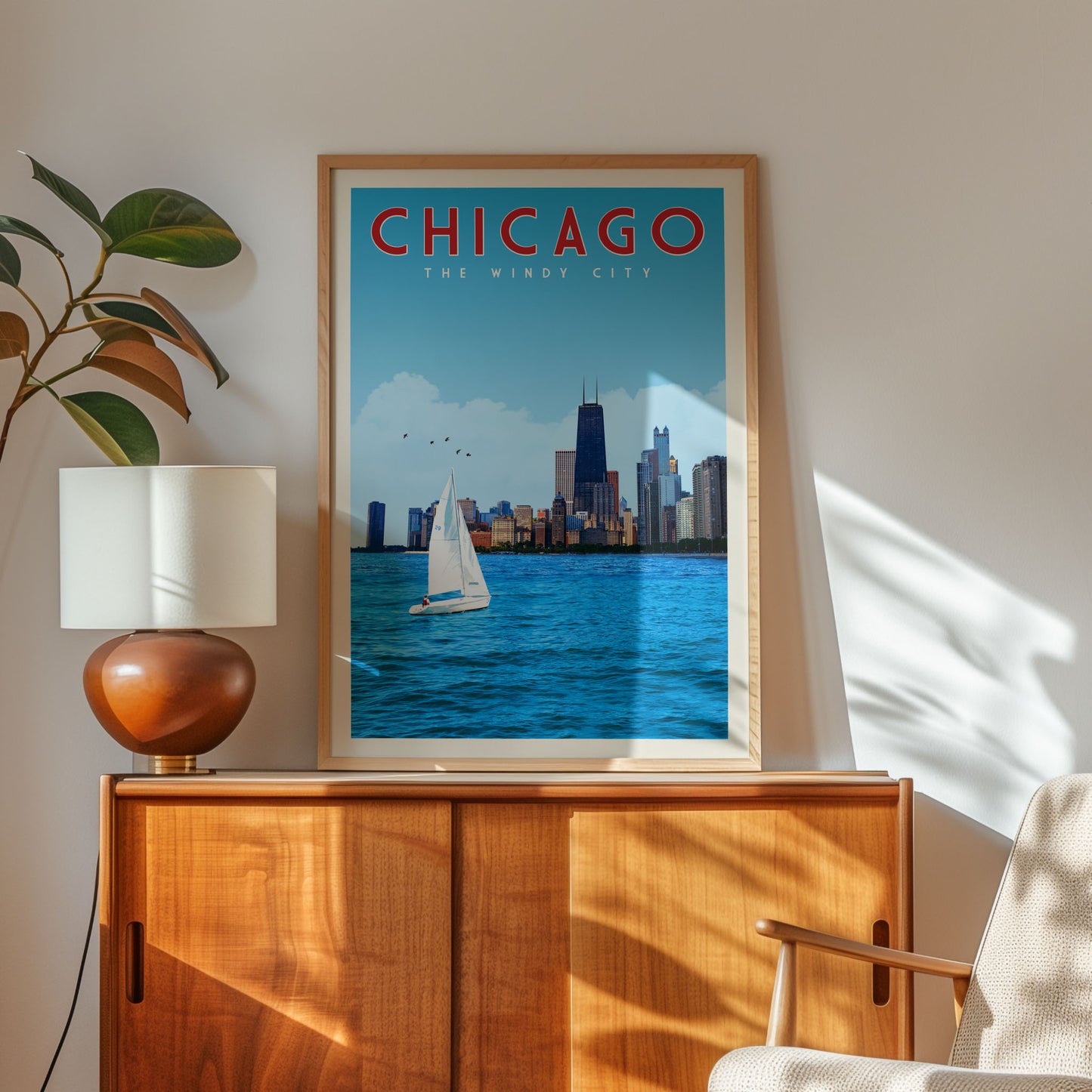 a framed poster of Chicago's skyline, with a sailboat in the foreground, placed on a wooden cabinet.