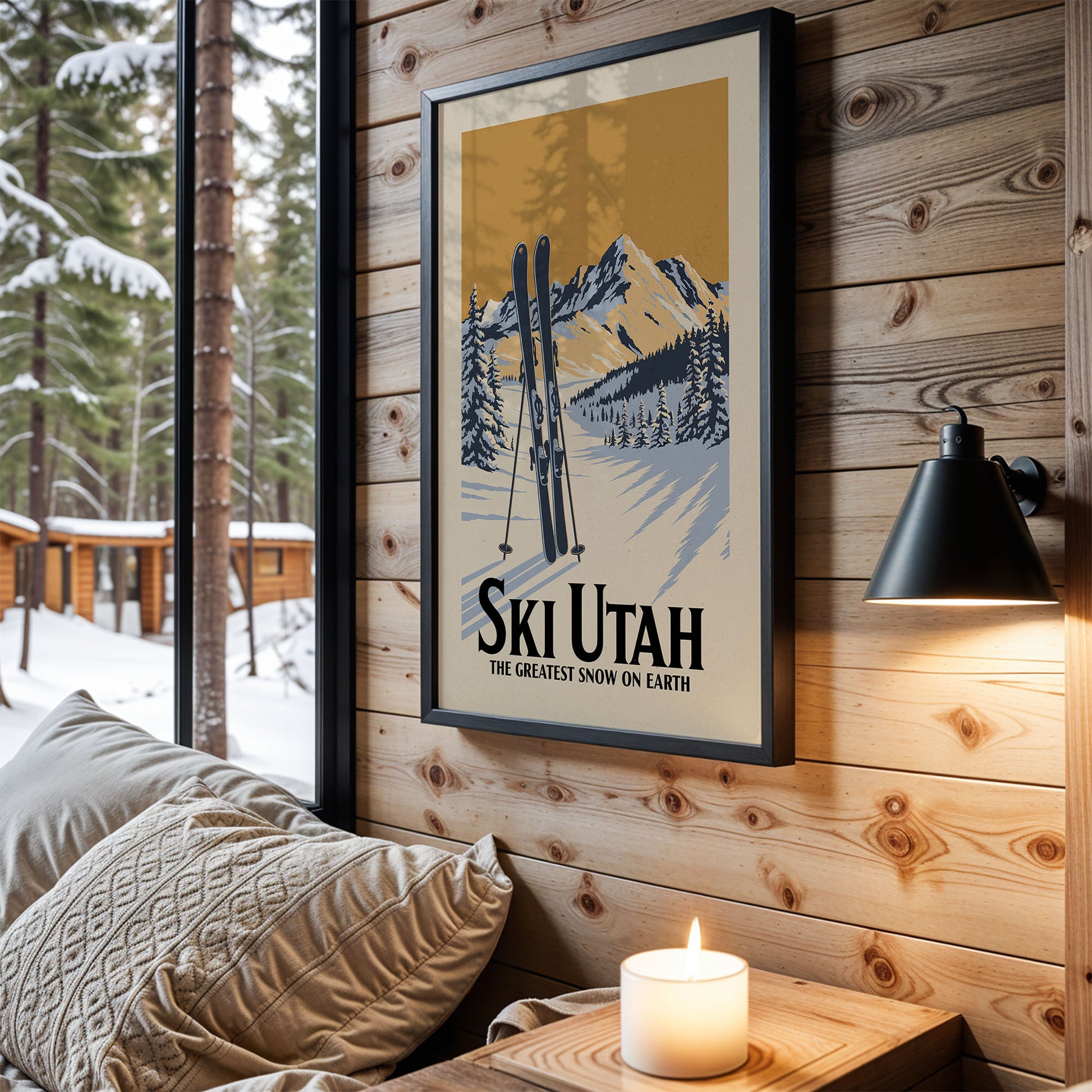 A framed poster of a snowy mountain landscape with skis is hanging on a wooden wall, accompanied by a lit candle and a cozy couch in a cabin-like setting.