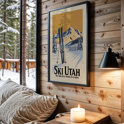 A framed poster of a snowy mountain landscape with skis is hanging on a wooden wall, accompanied by a lit candle and a cozy couch in a cabin-like setting.