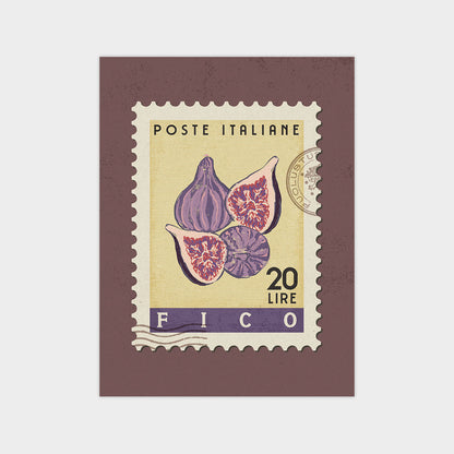 The image is a postage stamp featuring a purple fig with three slices, and it is from Italy.
