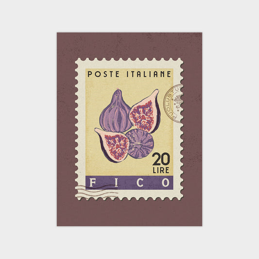 The image is a postage stamp featuring a purple fig with three slices, and it is from Italy.