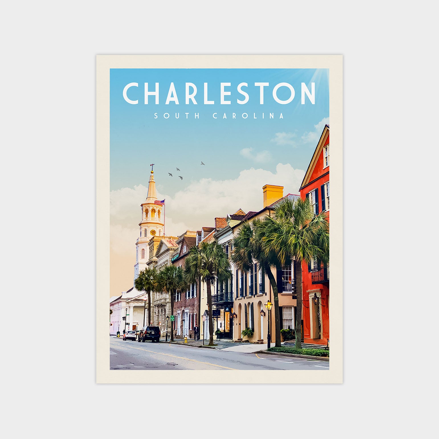A colorful street scene in Charleston, South Carolina, with a church steeple, palm trees, and other buildings.