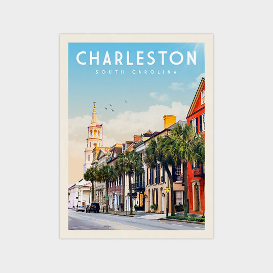 A colorful street scene in Charleston, South Carolina, with a church steeple, palm trees, and other buildings.