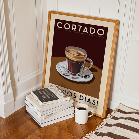 a framed poster of a cup of coffee with the text "CORTADO" and "I'M NOT EXPLOITING" on it, along with a stack of books and a white mug on a wooden floor.
