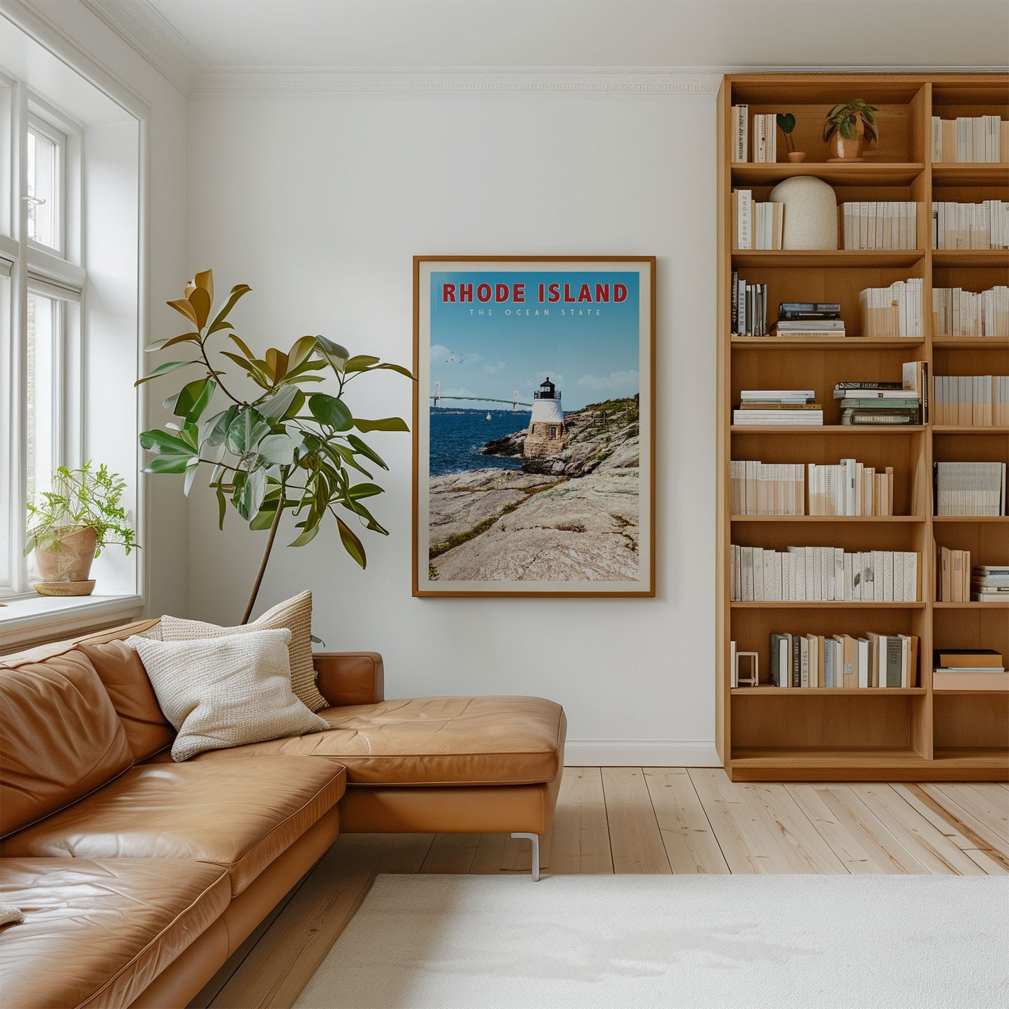 a cozy living room with a brown leather couch, a large bookshelf filled with books, and a framed poster of a lighthouse on the wall.