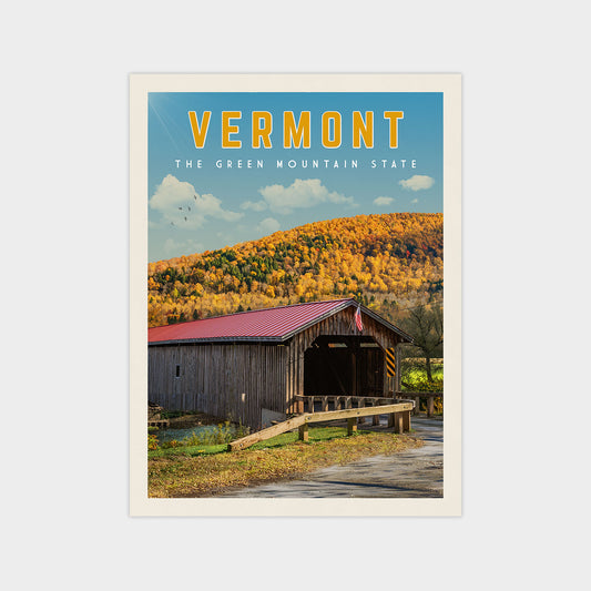 The image is a vintage poster of a covered bridge in Vermont, with a scenic mountain landscape in the background.