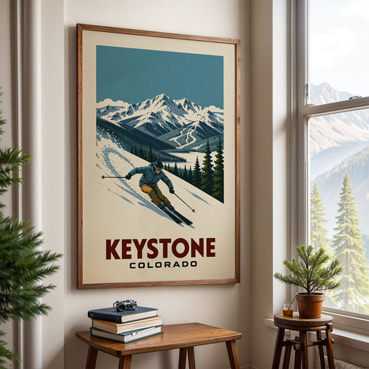 A framed poster of a skier in a snowy mountain landscape hangs on a wall, with a small table and a potted plant in the foreground.