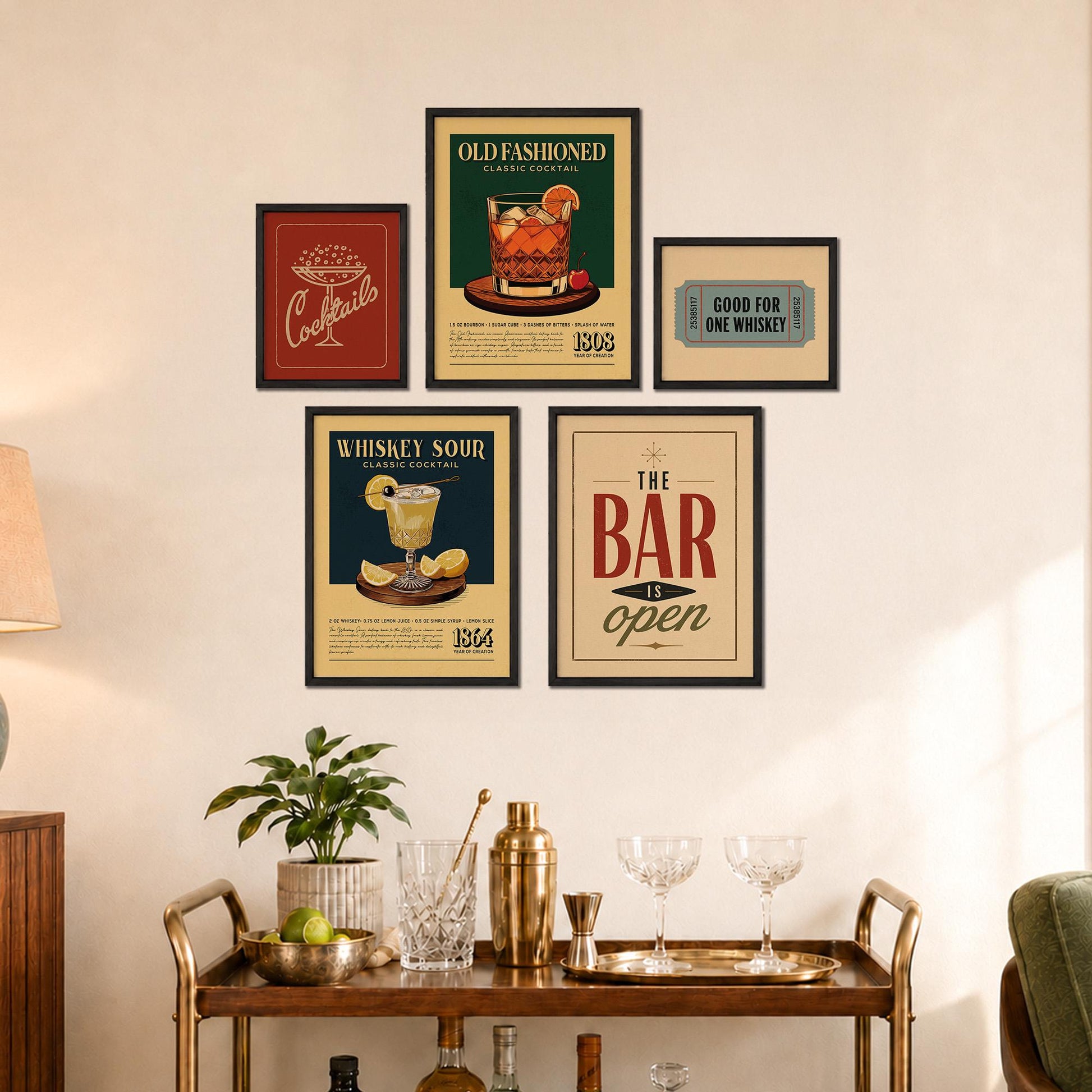 a wall display with framed vintage-style posters advertising cocktails and bars, along with a wooden bar cart with various glassware and a plant.