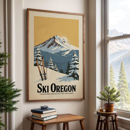 A framed poster of a snowy mountain landscape with ski equipment is displayed on a wall, with a small table and a potted plant in the foreground.
