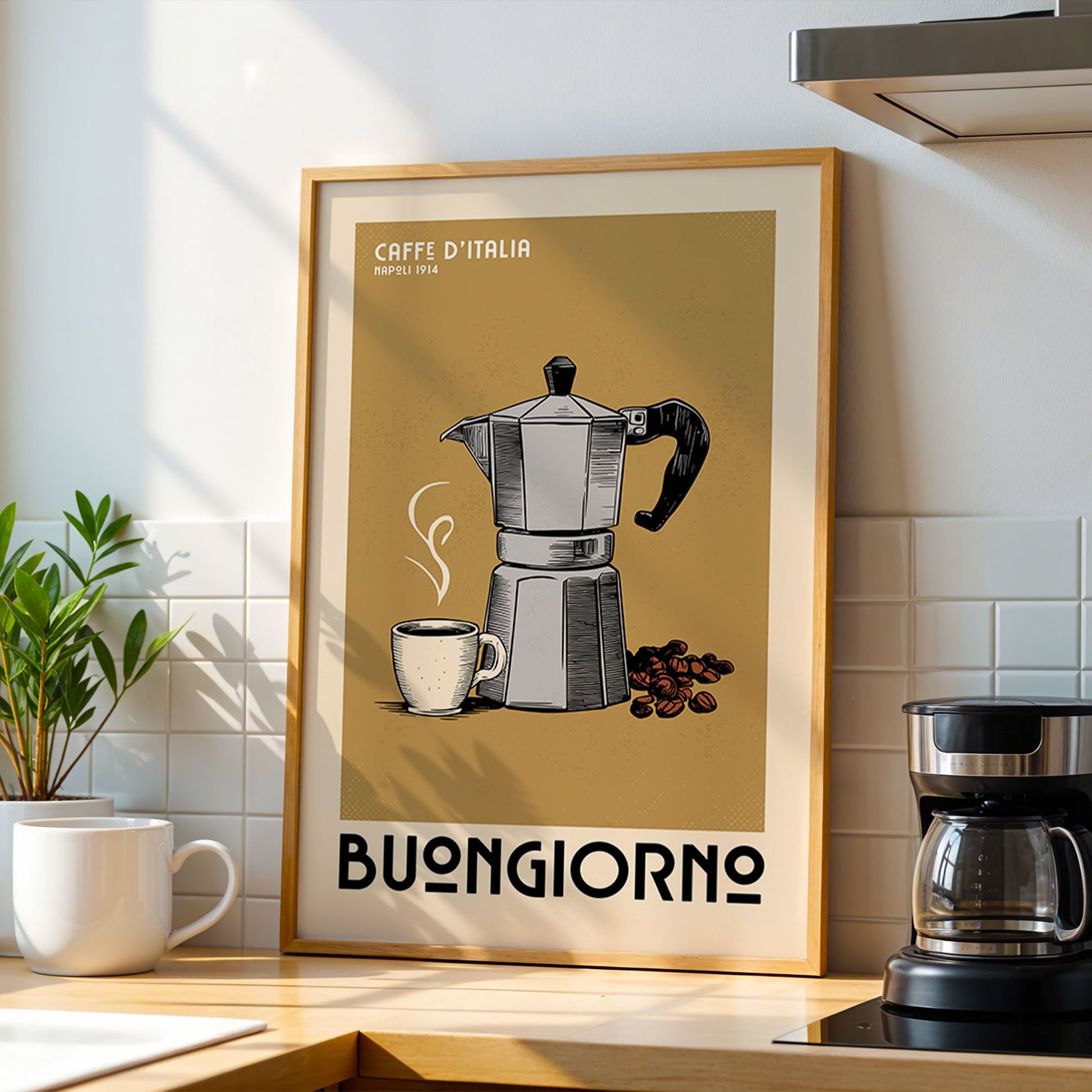 a framed poster of a coffee maker and coffee cup, with the text "Buongiorno" below the illustration.